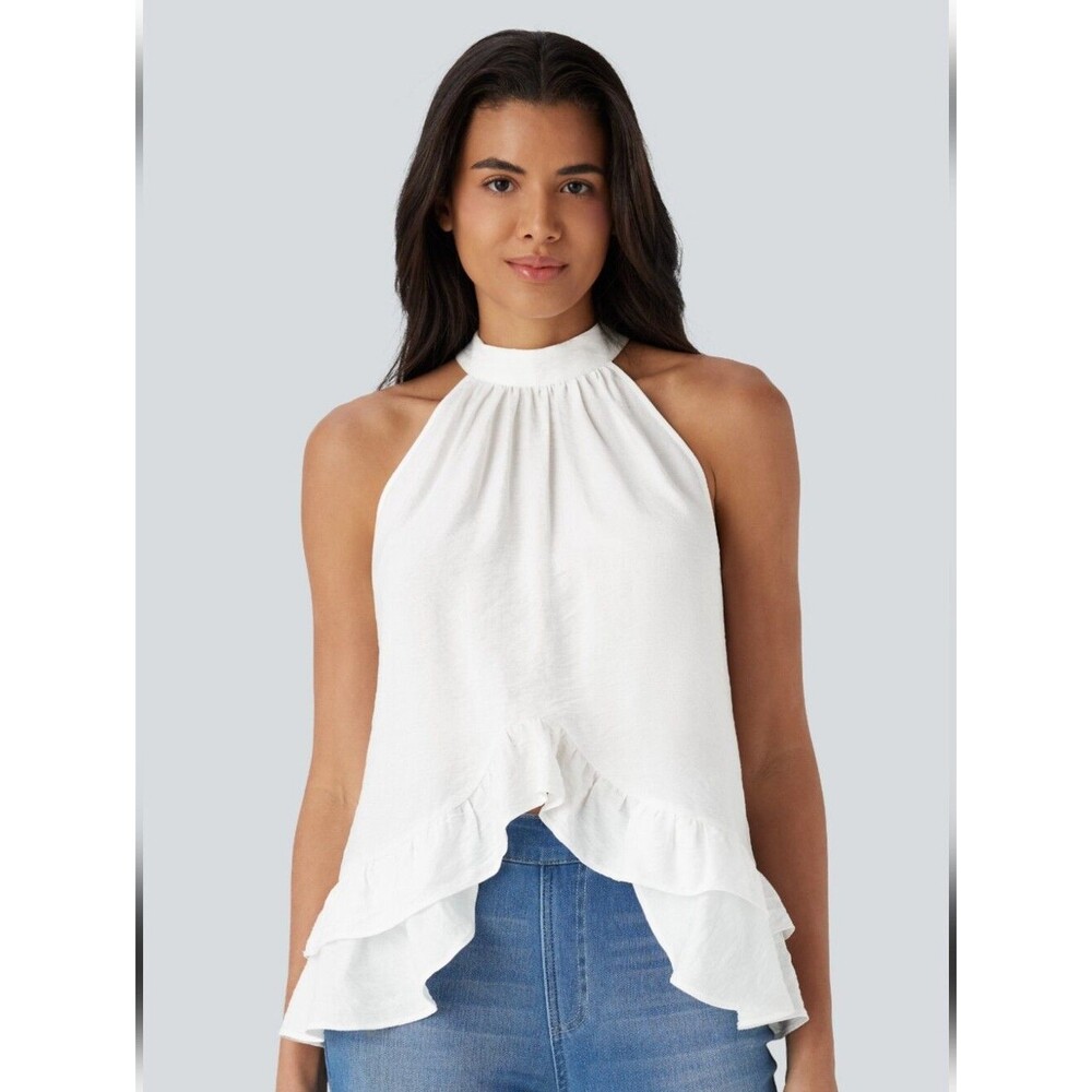 Halara White Mock Neck Sleeveless Asymmetric Ruffle Hem Casual Top Size Small